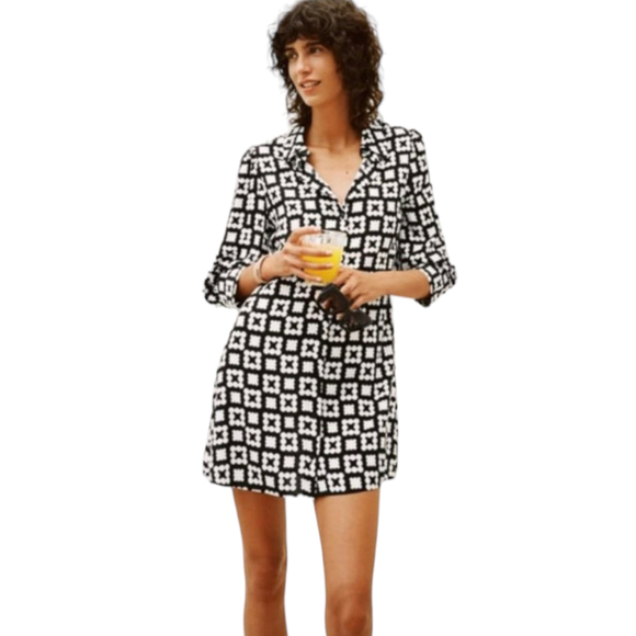 Zara Dresses & Skirts - Zara Nadia RARE Blogger Favorite Button Down Shirt Dress Mod Print Black/White